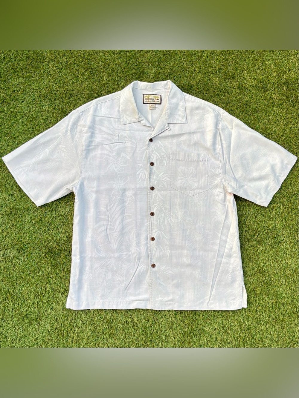 Jamaica Jaxx White 100% Silk Tropical Hawaiian Button-Up Shirt Medium